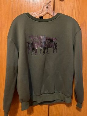 SHEIN Olive Green Cow Graphic Crewneck Sweatshirt